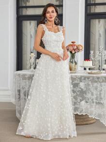 UNITHORSE 吊带连衣裙 轻盈奢华花卉蕾丝收腰喇叭下摆开衩优雅派对礼服、婚纱、新娘、全白派对服装女士 - 白色 - 查看 7