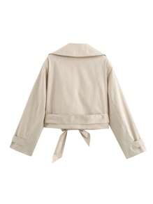 Chaqueta de mujer de primavera y otoño con cuello de solapa, manga larga, un solo botón y cinturón, estilo de calle - Caqui - Ver 11