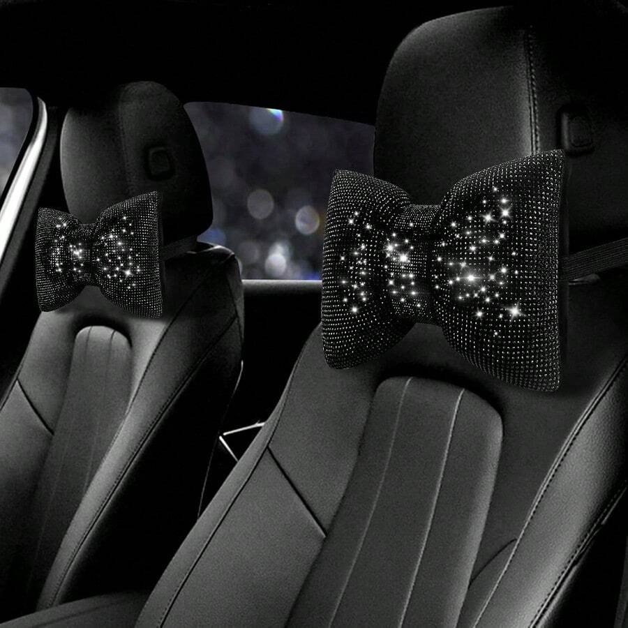 2PCS Rhinestone Car Headrest Neck Pillow For Driving With Bling Bling Crystal Bow Pillow Car Accessories For Women - Black - View 1