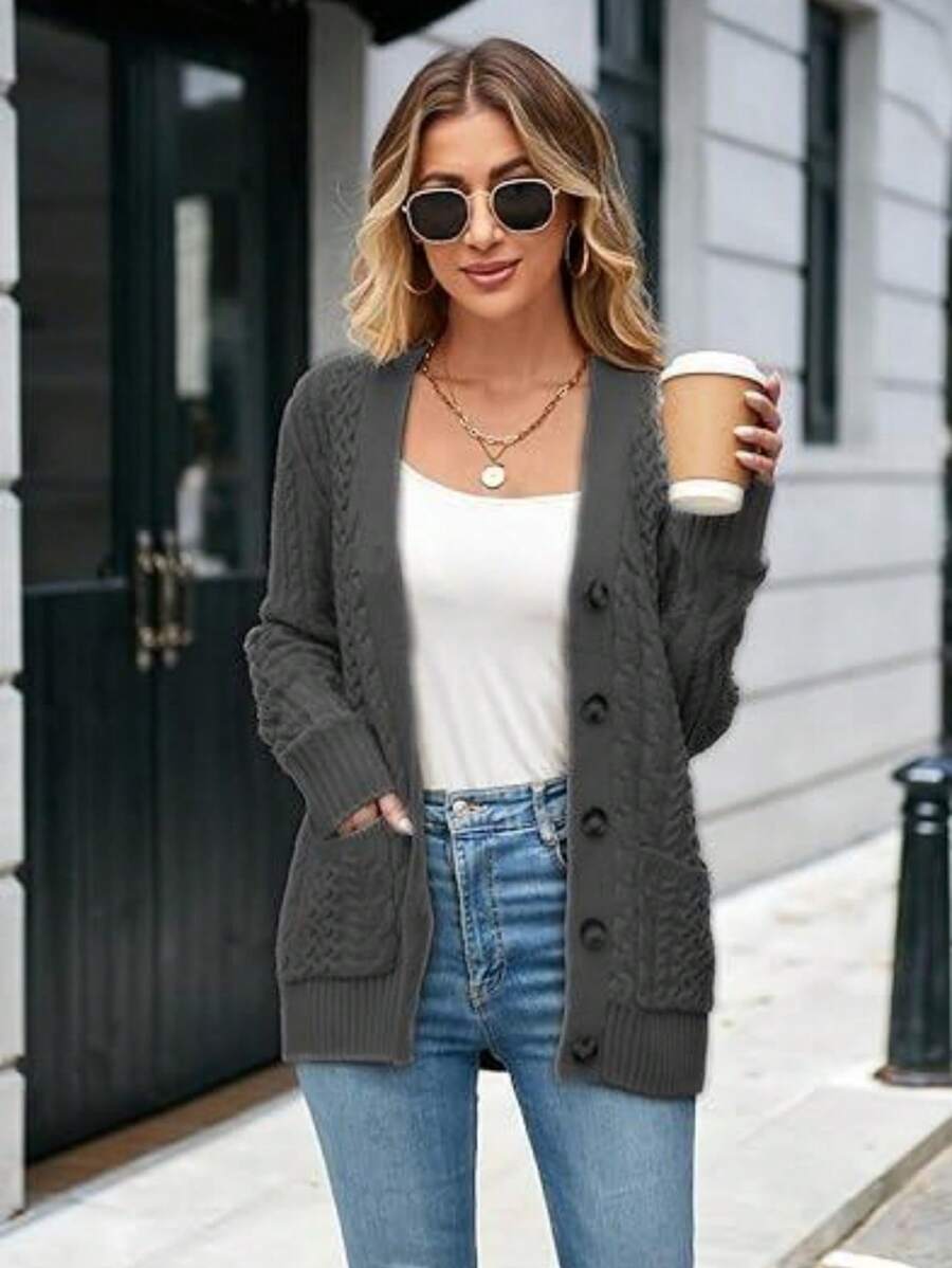 Women's Knitted Cardigan Long Sleeve Cardigan Button Sweater Sweater Coat Single Breasted Long Sleeved Sweater Cardigan For Ladies Long Sleeve Cable Knit Long Cardigan For Women 2025 Fall Winter Chunky Open Front Button Sweaters With Pockets - 灰色 - 查看 1