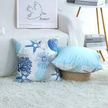 1pc Nautical Coastal Throw Pillow Covers Outdoor Decorative Beach Ocean Themed Throw Pillowcases Starfish Seashell Square Cushion Cover For Couch Bedroom Living Room 16x16 Inches, Blue