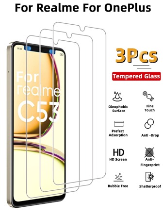 3 件超清晰钢化玻璃屏幕保护膜，适用于 Realme、OnePlus 多种型号，防刮、防指纹、表面光滑、易于安装，生日、家人、朋友的礼物手机屏幕保护膜，手机配件防水防震防摔防摔防指纹全覆盖