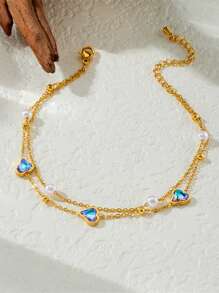 1pc Double Layer Bead, Heart & Faux Pearl Decor Stainless Steel Plated Gold Jewelry Anklet For Women - Multicolor - View 2