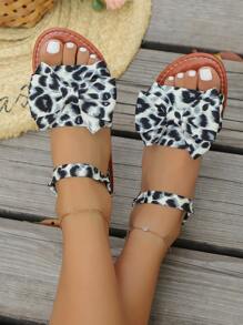 Black & White Leopard Print Women's Stylish Casual Beach Slippers, Fashion Flat Sandals With Bow Decor, Non-Slip & Comfortable