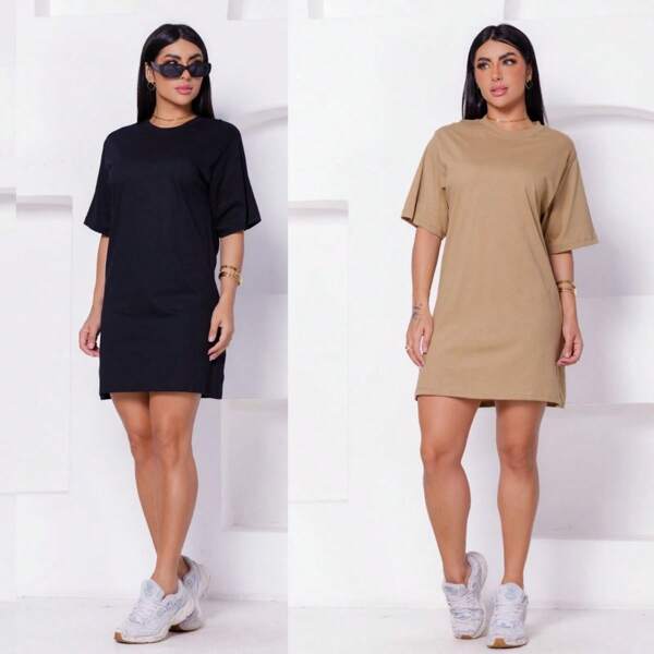 Kit 2 Vestidos Gola Redonda Algodão