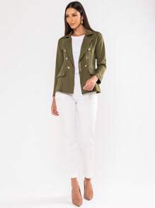 Blazer Feminino Elegante Terninho Social Alfaiataria Com Botões - Verde Militar - Visão 5