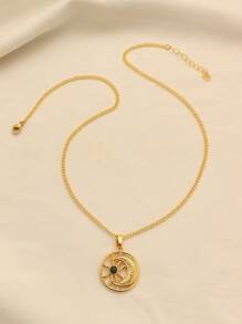 1pc Vintage Copper Alloy Gold-Plated Crescent Moon Star Coin Pendant Necklace, Suitable For Women Daily Wear & Festival Gift - Yellow Gold - View 2