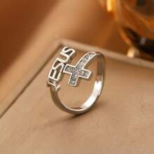 (1pc) Glass Rhinestone Inlay Cross Ring With Engraved 'I Can Do All Things' - Fashionable Zinc Alloy Religious Jewelry Gift For Women And Girls Over 15 - Unplated Jesus Themed Ring