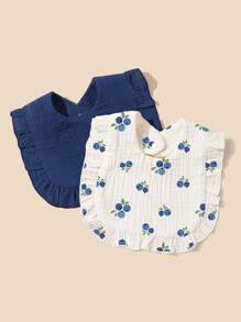 2 Pcs Soft Comfortable Blueberry Fruit Print Adorable Baby Bibs With Ruffle Edges