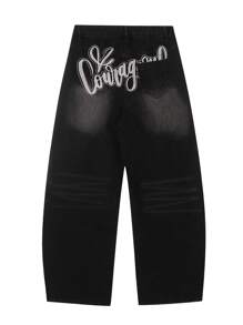 1pc Men's Vintage Design Embroidered Loose Distressed Wide Leg Jeans (Product Does Not Include Belt And Accessories) - Black - View 9