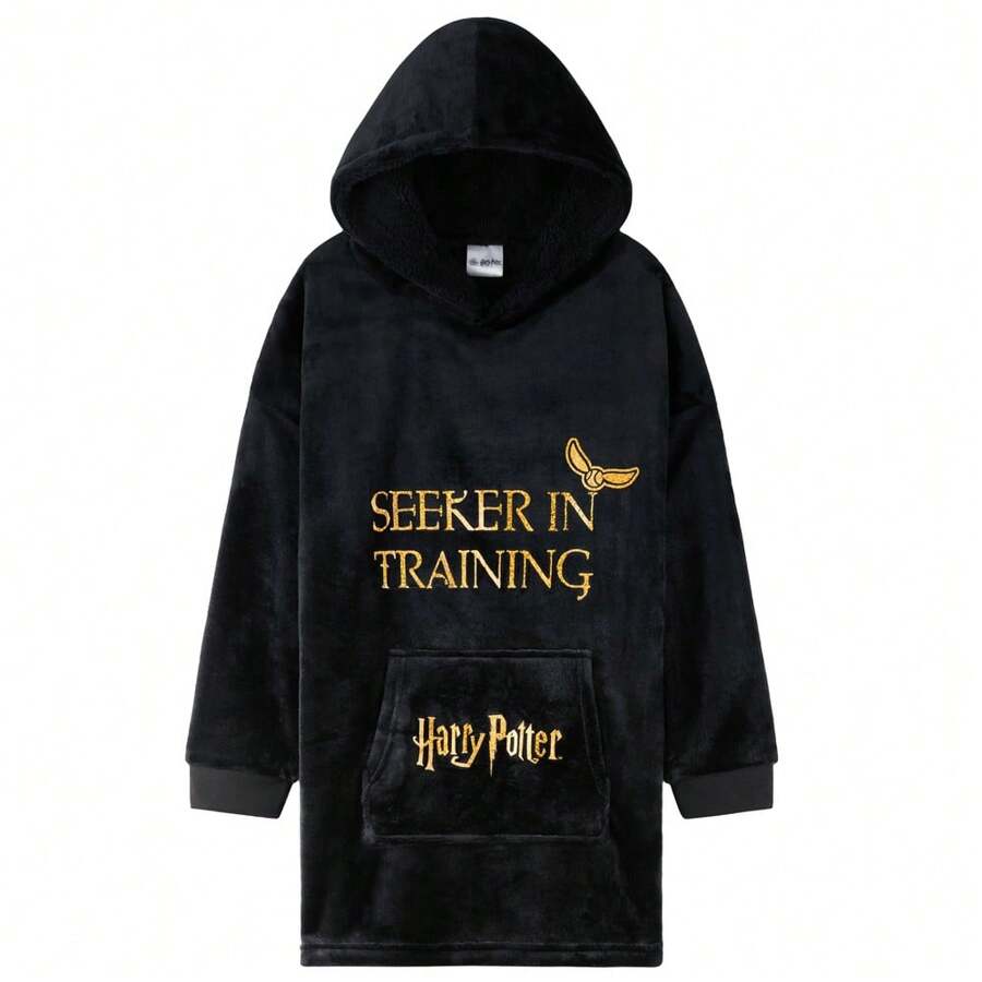 Harry Potter Hoodie Blanket Fleece Wearable Warm Oversized Hogwarts Gryffindor Quidditch Golden Snitch Gift - Black - View 1