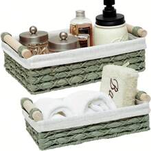 1 Stück/2 Stücke Wasserhyazinthe Korbsatz, einfache Badezimmer Aufbewahrungskörbe mit Futter, Toilettenpapierhalter Organizer mit Holzgriff, Aufbewahrungskorb für Wohndekoration