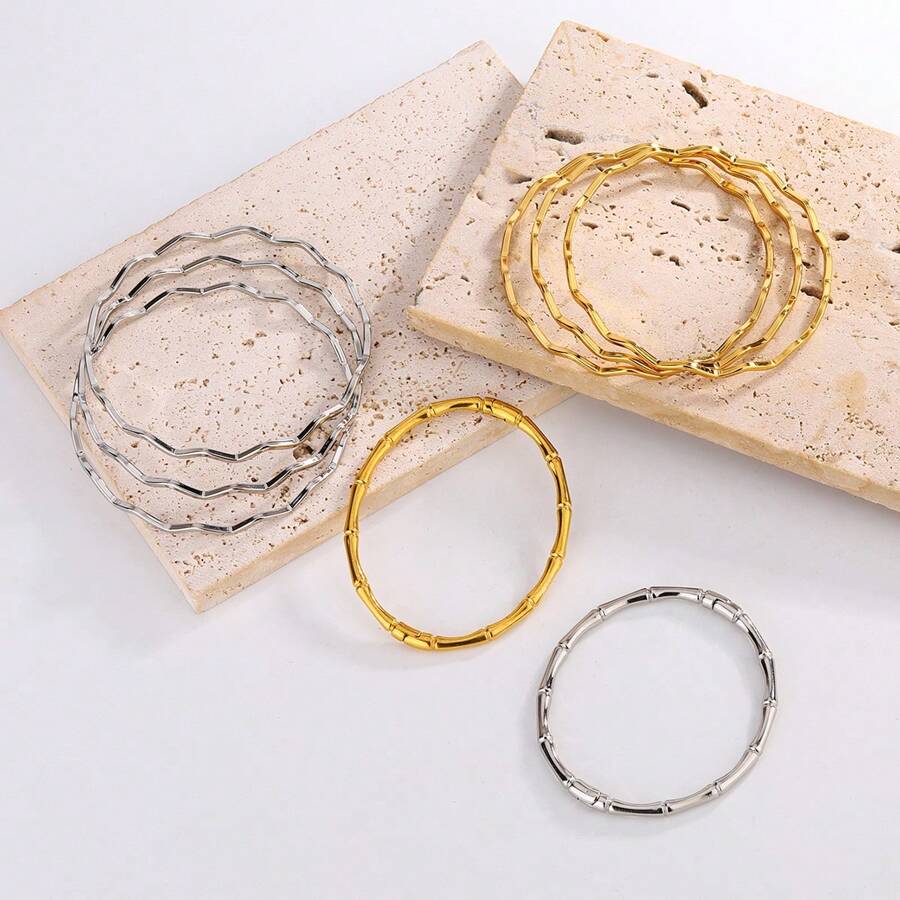 1pc Titanium Steel Non-Fading Gold Color Bamboo Knuckle Bangle Bracelet, Minimalist Fashion Cuff Bracelet