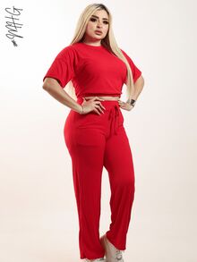 Camiseta de cuello redondo y mangas estilo murciélago y pantalones con cordón en la cintura - Rosa / Rojo - Ver 10