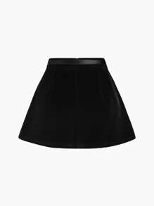 Girl Sporty & Sweet Solid Color Velvet Mid Rise Ruffle A-Line Mini Skirt With Belt, For Summer