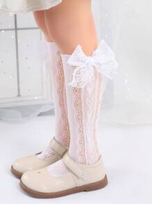 2 Pairs Baby Girls' Adorable Lace Bow & Heart Jacquard Mesh Leg Warmers, Suitable For Summer - White - View 4