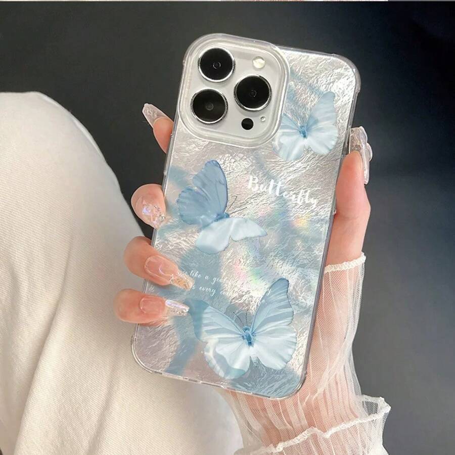 1 件 IMD 奢华铝箔纹理手机壳/蓝色蝴蝶手机壳，兼容 iPhone 16/16 Pro/16 Pro Max/15 Pro Max/15/14 Pro Max/14/13/12/11