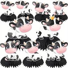 9pcs, Cow Print Honeycomb Centerpieces, Cow Print Farm Animal Barn Party Supplies, Party Western Cowboy Themed Birthday Party Decorations - Black and White - View 1