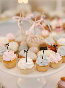 20pcs Bow Cocktail Picks, Black Bow Cupcake Toppers, Black Bows Toothpicks Decor For Party Food Sticks Cocktail Appetizer Fruit Bow Design Dessert Picks, Halloween Toothpicks