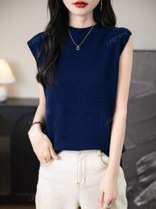 Hauts d'été élégants pour femmes 100% laine mérinos mignons, pull sans couture monofilaire, hauts en tricot à col montant sans manches pour femmes, décontracté printemps été, nouveaux hauts en laine pour femmes