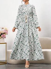 Women's Casual Floral Print Shirt Dress With Round Neck, Button Front & Tie Waist, Long Sleeve Maxi Dress For Daily Wear, Office, Vacation,Summer Dresses,Dresses Classy Elegant,Modest - Multicolor - View 3