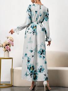 Women's Floral Print Long Sleeve Maxi Dress - Elegant Round Neck Dress With Mushroom Buttons & Flared Sleeves For Spring Summer,Elegant Long Sleeve Robe,Summer Dresses,Dresses Classy Elegant - Multicolor - View 6