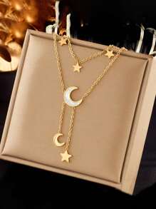 1 pieza Collar con colgante de luna de resina y estrella de acero inoxidable creativo, collar con colgante de luna de moda, adecuado como regalo para ocasiones festivas - Amarillo Oro - Ver 9