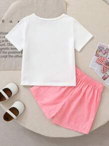 Set de 2 piezas con top de manga corta blanco con estampado de mariposa y pantalón corto falda rosa para niña joven, estilo casual y elegante, apropiado para salidas y vacaciones, para verano