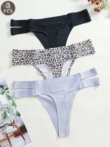 3pcs Women's Solid Color Lace Trimmed Seamless V-Shaped Thong Panties - Multicolor - View 2