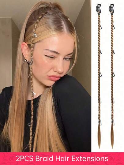 2 PCS Braid Hair Extensions, Baby Hair Braids 20inch Boxing Clip In Braid Synthetic Natural Brown Braid Extensions For Women's Daily Party Use ( Heart Shape Decoration)