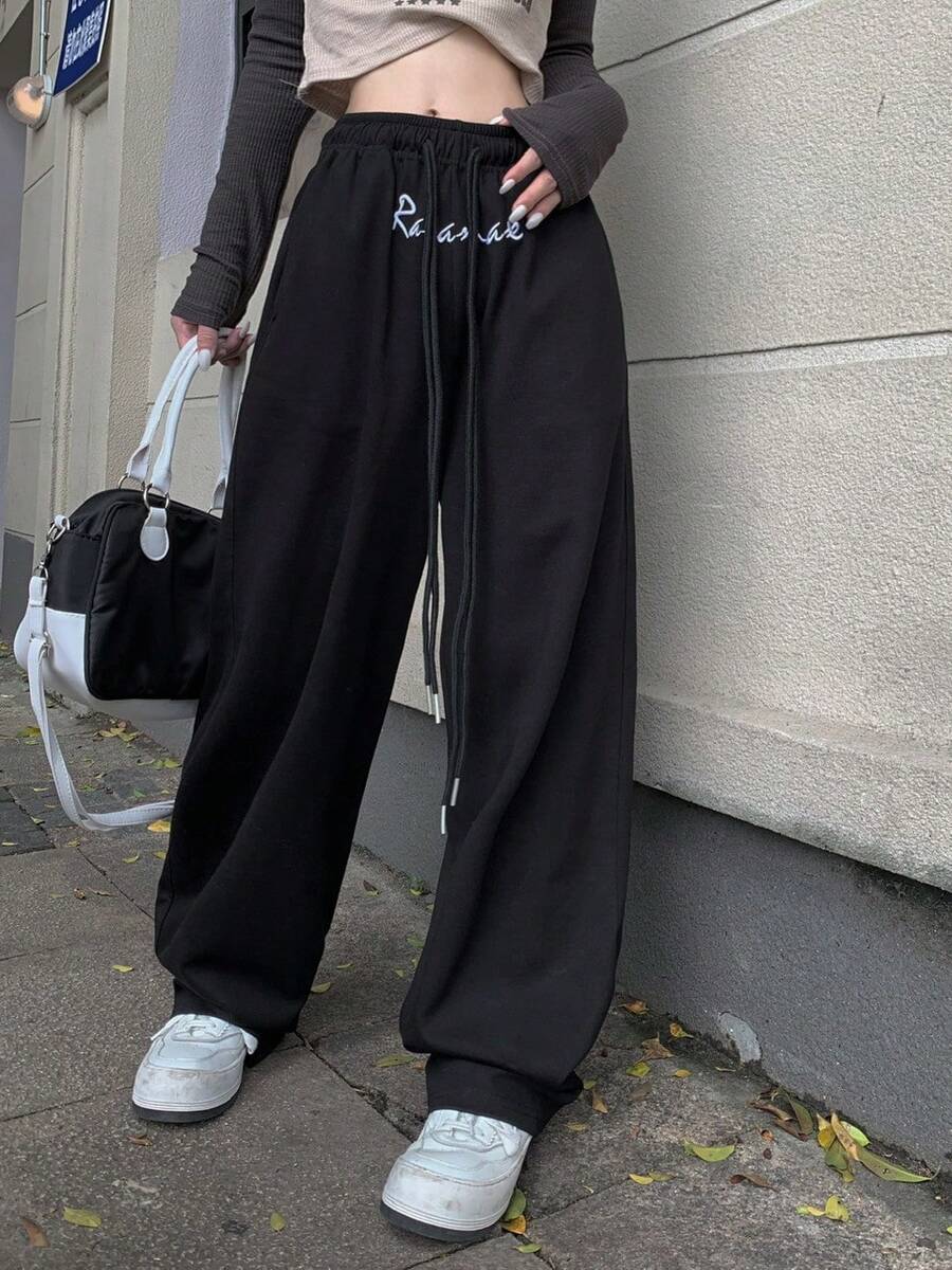 Retro bordado pantalones de chándal las mujeres la primavera y el otoño de jazz suelta nueva danza pantalones rectos pantalones de machete pantalones de chándal - Negro - Ver 1