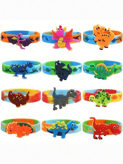 6pcs/3pcs/1pc Random Cute Cartoon Dinosaur Theme Bangles, Wristbands For Kids' Vacation, Party And Gift, Suitable For Birthday, Gathering, Festival, No Power Needed, Silicone Material, Sports Style Jewelry
