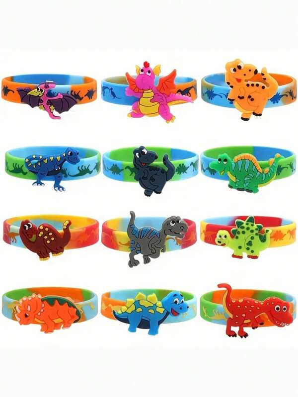 6 szt./3 szt./1 szt. Losowe słodkie bransoletki z motywem dinozaura z kreskówek, opaski na wakacje dla dzieci, impreza i prezent, odpowiednie na urodziny, spotkania, festiwale, nie wymaga zasilania, materiał silikonowy, biżuteria w stylu sportowym