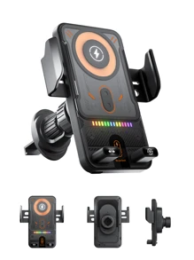 Newest Phone Holder For Car, With Wireless Charger, Music Light Effect, One-Click Open/Close And Rotation 90°, Seismic And Anti-Slip Silicon, Wireless Charging Stand, Gift For Driver, Workout, Travel