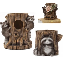 浣熊树桩花盆，可爱动物种植多肉植物花盆，有趣的雕像户外地面装饰，森林风格的异想天开的花园装饰 - 彩色 - 查看 2