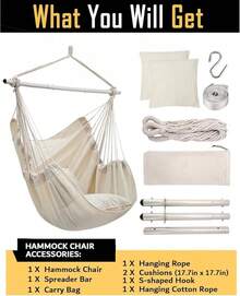 Hammock Chair Swing (500 Lbs Max) - Hanging Hammock Chair Rope Swing Indoor Hammock Chair,Outdoor Furniture,Swing Chair For Room,Amaca Para Adultos,Hamacas Para Adultos,Columpio Para Patio,Swing Sets Backyard, Patio Furniture Set For Bedroom, Outdoor, Patio, Bedroom, Porch, Deck - Sturdy Steel Bar With Anti-Slip Safety Rings - 米色帶2個墊子 - 查看 8