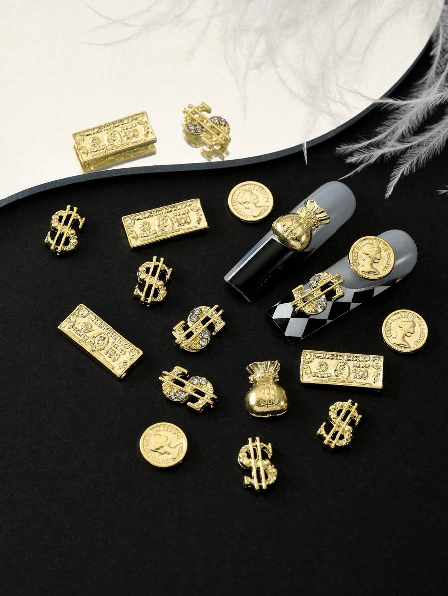 10Pcs/Pack Random Assortment Gold Coin & Dollar Money Bag 3D Nail Art Decorations Nail Supplies Nails Nail Charms Nail Gems