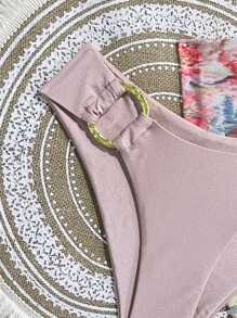 3pcs Sexy Shiny Fabric Printed Halter Neck Tie Swimsuit Top With Asymmetrical Shaped Golden Hoop Decor & Bottoms Swimsuit Set - Dusty Pink - View 5