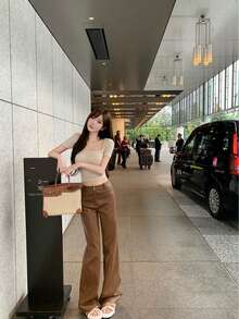 时尚别致修身加垫圆领长袖打底 T 恤 - 杏 - 查看 4