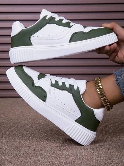 Women's Outdoor Olive White Breathable Mesh Low-Top Thick Sole Lace-Up Skate Shoes, Campus Style Casual Fashion Sneakers For Daily Wear