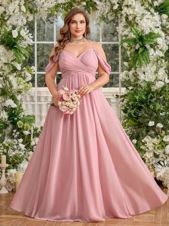 UNITHORSE 大码 V 领细肩带露背前褶飘逸伴娘礼服