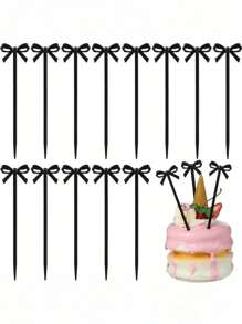 20pcs Bow Cocktail Picks, Black Bow Cupcake Toppers, Black Bows Toothpicks Decor For Party Food Sticks Cocktail Appetizer Fruit Bow Design Dessert Picks, Halloween Toothpicks