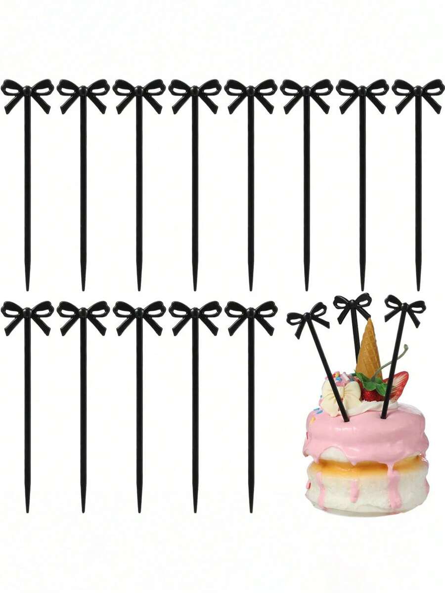 20pcs Bow Cocktail Picks, Black Bow Cupcake Toppers, Black Bows Toothpicks Decor For Party Food Sticks Cocktail Appetizer Fruit Bow Design Dessert Picks, Halloween Toothpicks