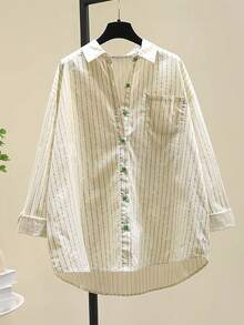 Stylish Blue Striped Blouse For Women, Artistic Loose Casual Shirt, Spring New Arrival - Green - View 2