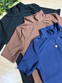 Kit 3 Suplex Blouse High Neck Short Sleeve Women's Basic Casual - Negro/Marrón/Azul Marino - Ver 2