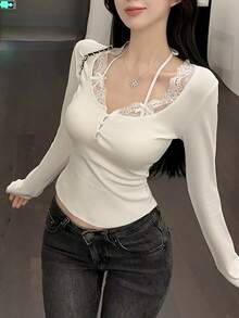 Women Fashionable Simple Lace Butterfly Stitching Halter Neck Brandy Top Valentine's Day Slim And Tight Solid Color Long-Sleeved Top Summer Basic Style - White - View 2