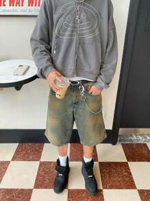 男士做旧复古水洗牛仔七分百慕大短裤，宽松裤腿街头夏季百慕大短裤