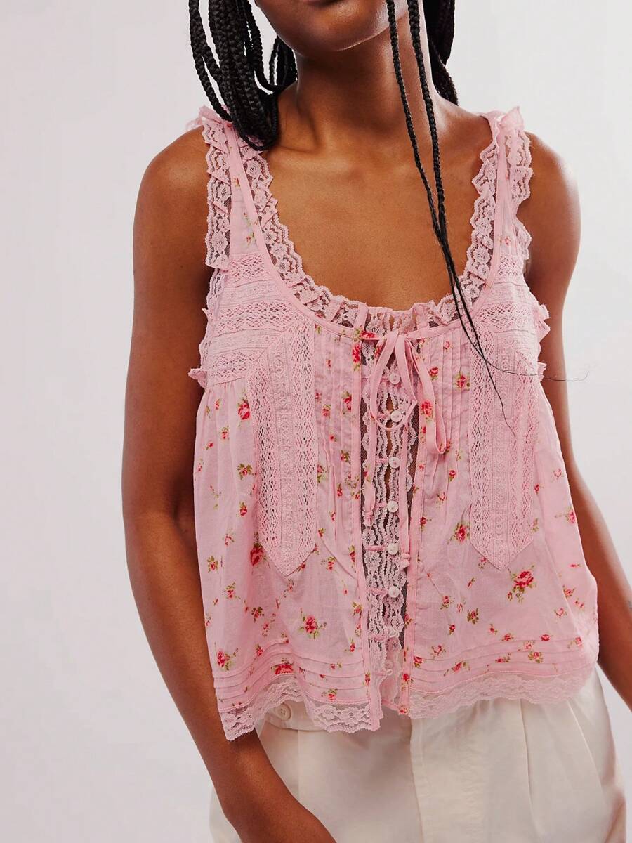 Women Lace Trim Vest Tank Tops Y2K Fairy Sleeveless Tie Button Front Sheer Mesh Crop Tops Summer Going Out Tops Cute Loose Fit Cami Shirt Aesthetic Clothes - 彩色 - 查看 1