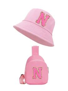 2 件字母儿童渔夫帽，时尚简约遮阳帽，配有单肩斜挎包，适合男孩和女孩日常外出。 - 粉紅色 - 查看 55