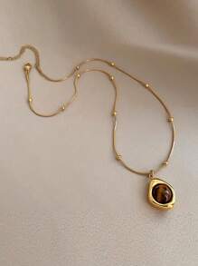 Retro Elegant Layered Tiger Eye Stone Pendant Necklace For Women Stainless Steel Double-Layer Collarbone Chain Sets Jewelry, Ladies' Daily Party Accessories, Fashionable Jewelry, Best Friend Gifts(Natural Stone Color Random)